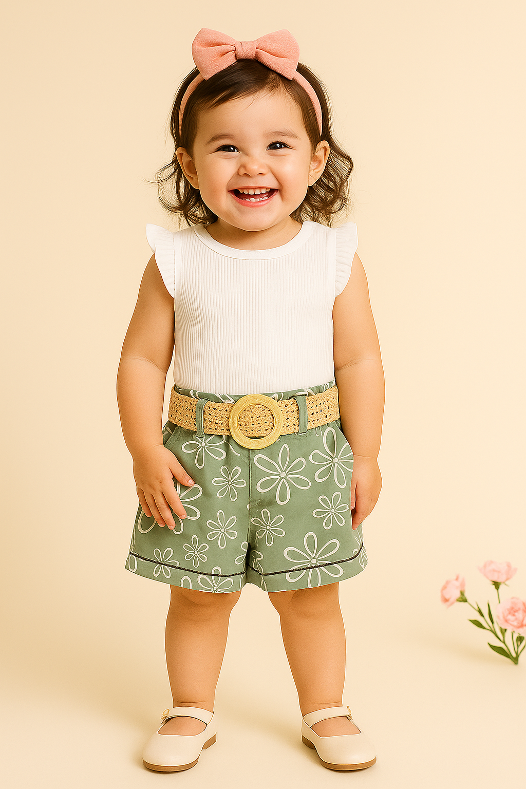 White and Green Shorts Set