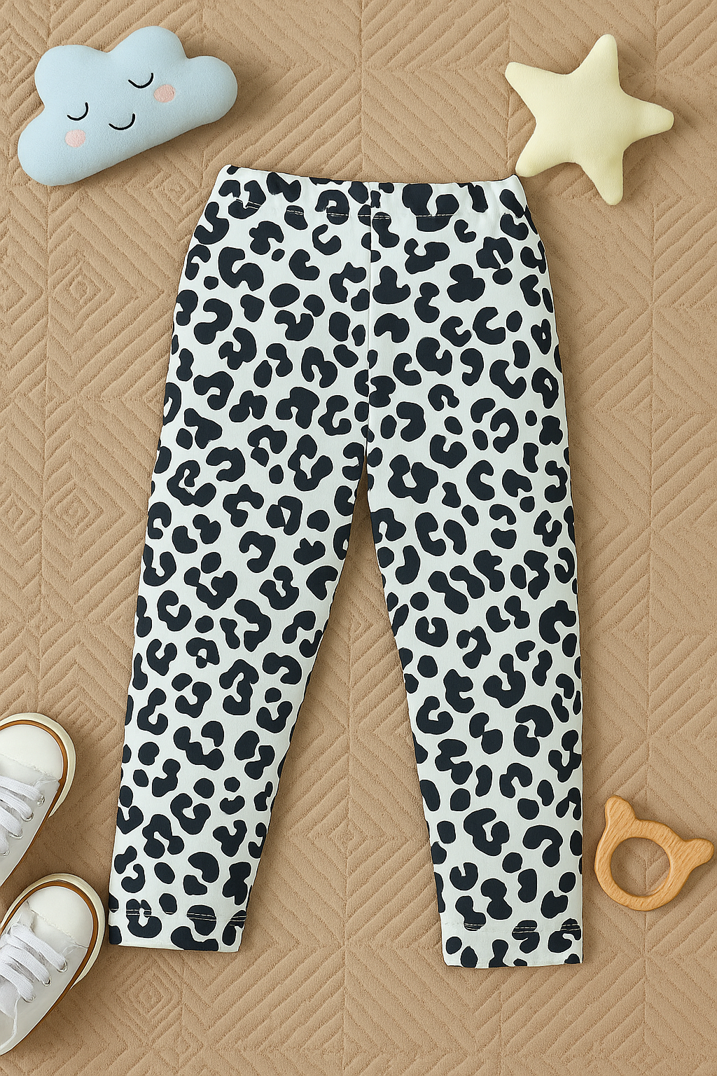 Leopard print pants on a textured brown surface with toys around