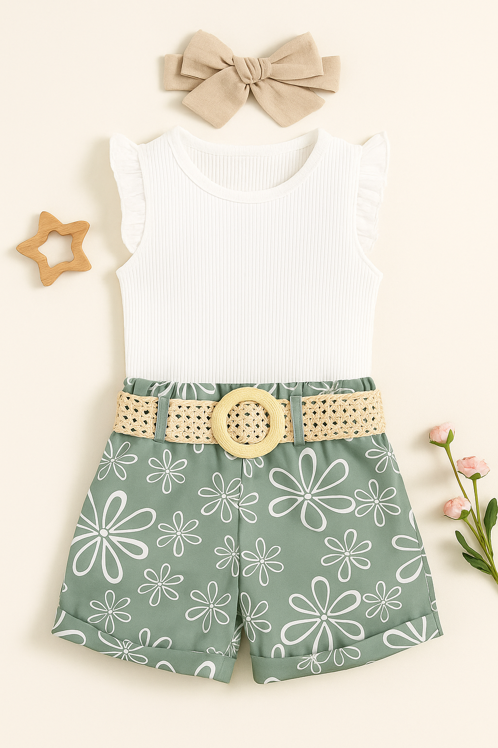 White and Green Shorts Set